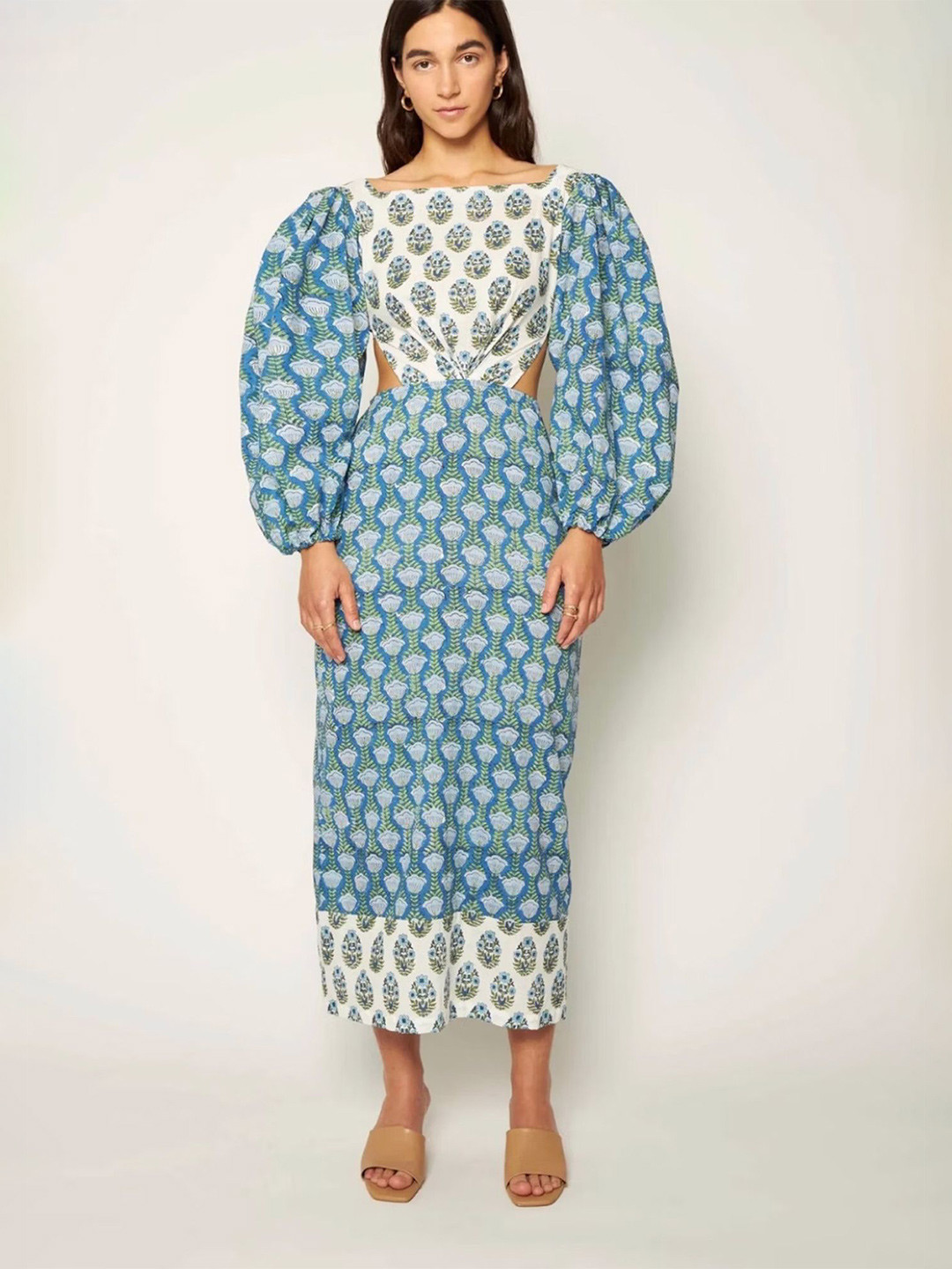 

LULU & SKY Women Ethnic Motifs Print Puff Sleeve A-Line Midi Dress, Blue