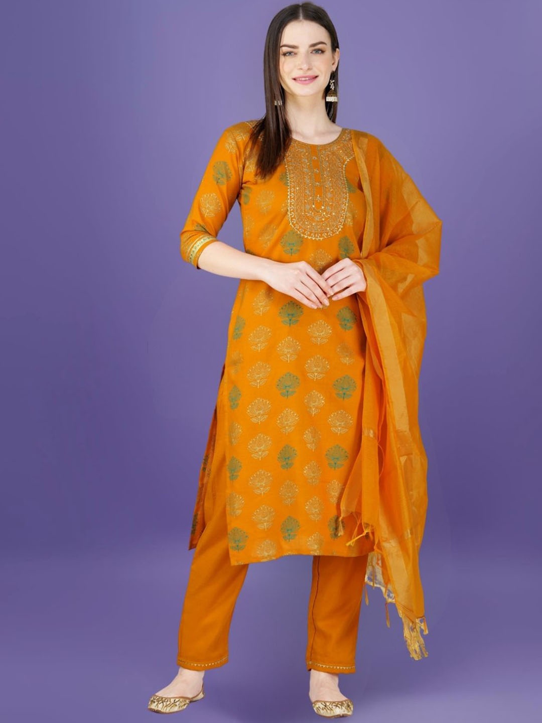 

KAZIA Floral Printed Thread Work Straight Kurta with Trousers & Dupatta, Yellow