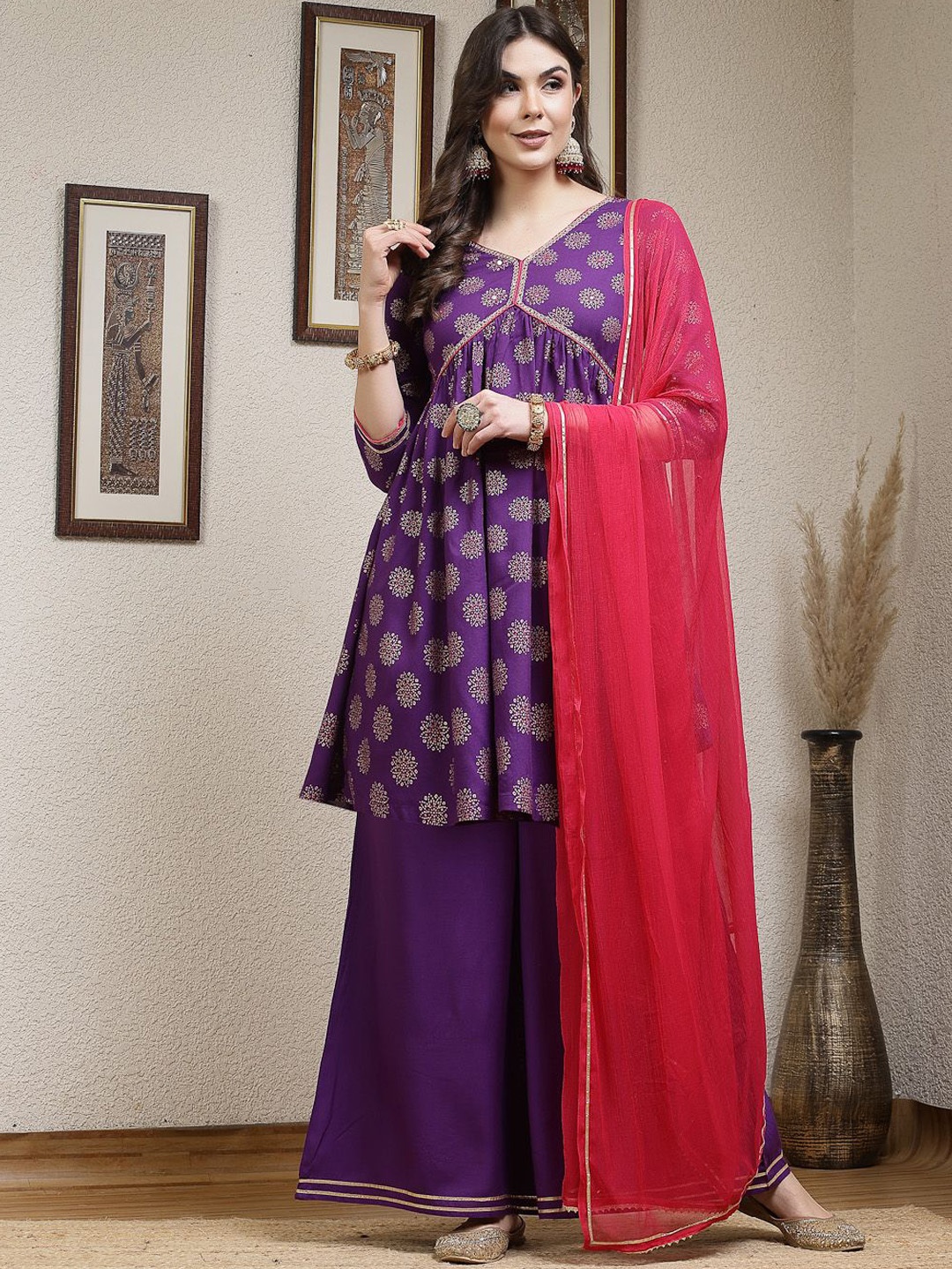 

Stylum Violet Bandhani Printed Mirror Work Alia Cut Kurta With Palazzos & Dupatta