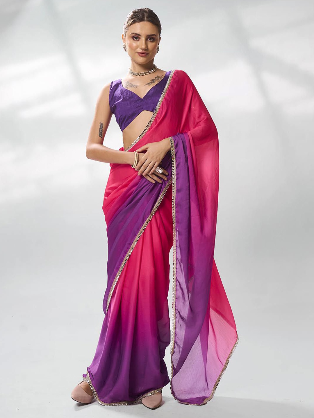 

Mitera Ombre Mirror Work Satin Ready to Wear Saree, Pink