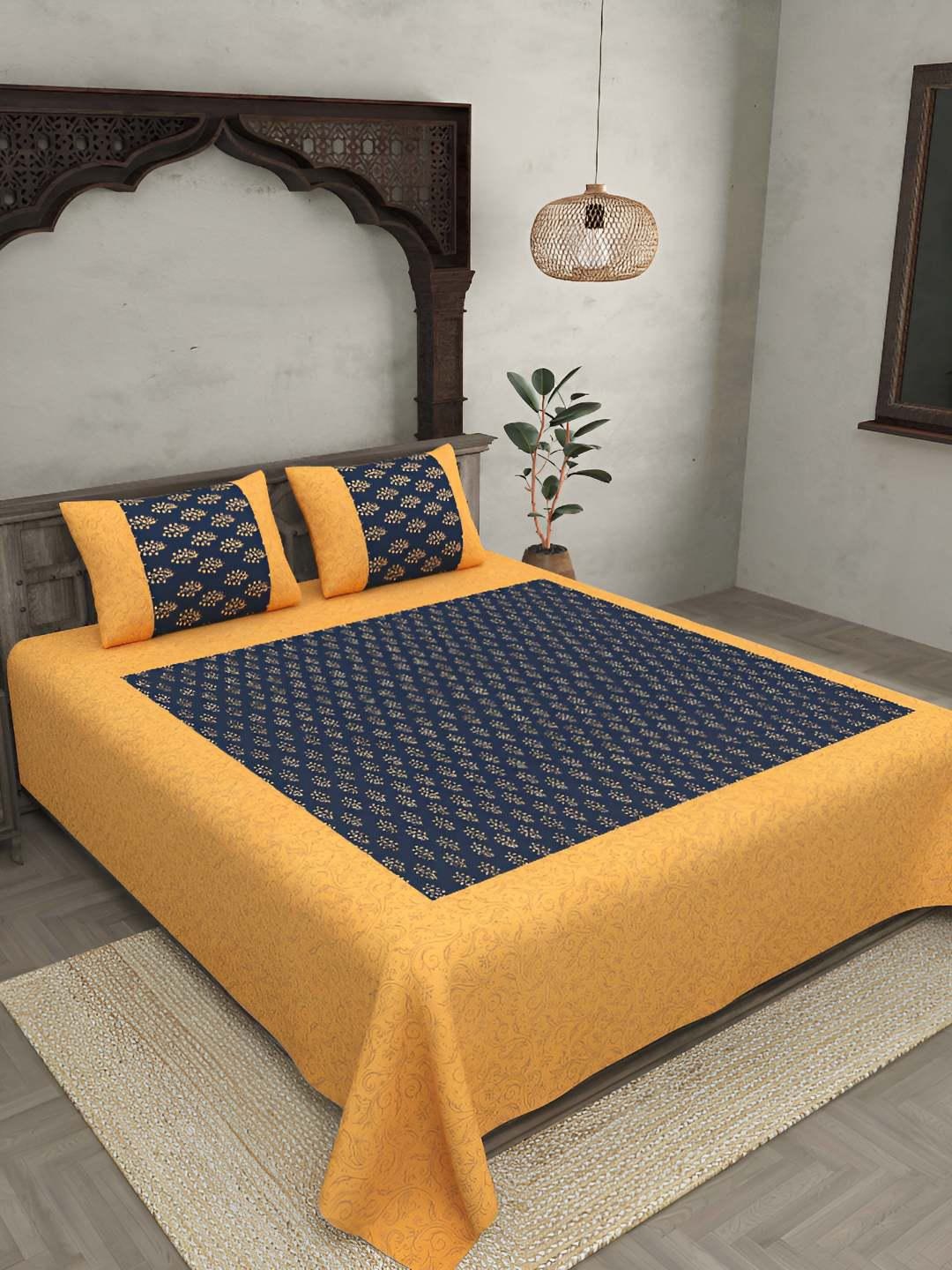 

BED-SHEET.COM Blue & Yellow Printed 250 TC Cotton King Bedsheet With 2 Pillow Covers