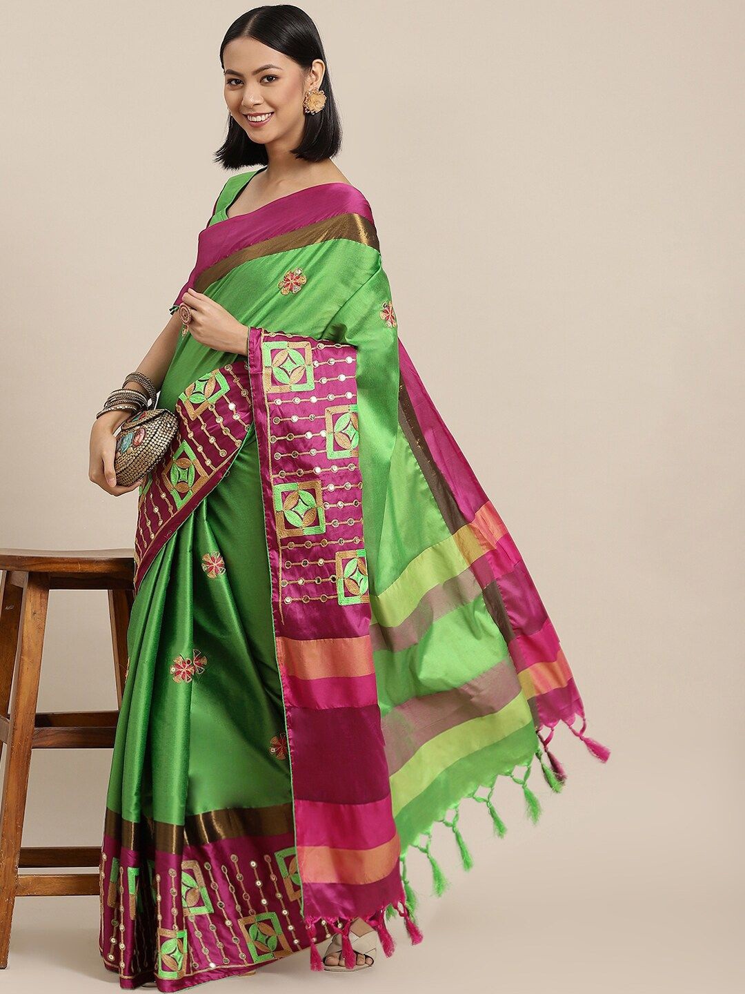 

KALINI Floral Embroidered Silk Cotton Saree, Green