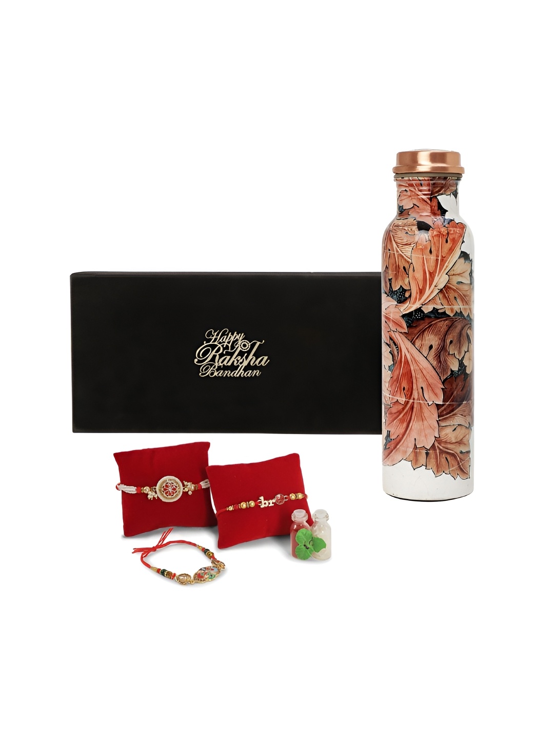 

INTERNATIONAL GIFT Set Of 4 Beaded Rakhis With Printed Water Bottle & Roli Chawal, Beige