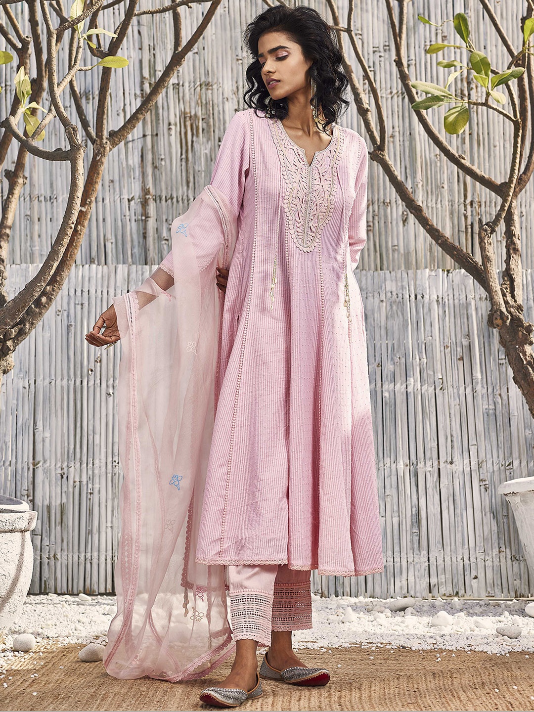 

charkhee Ethnic Motifs Yoke Design Pure Cotton Anarkali Kurta With Pyjamas & Dupatta, Pink