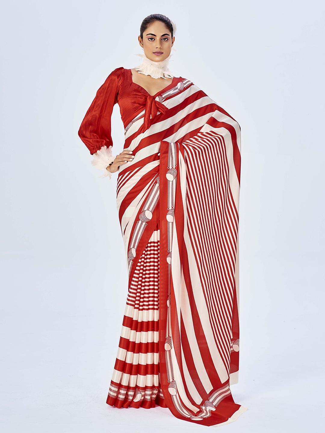 

Ethnielle Striped Printed Satin Saree, Red