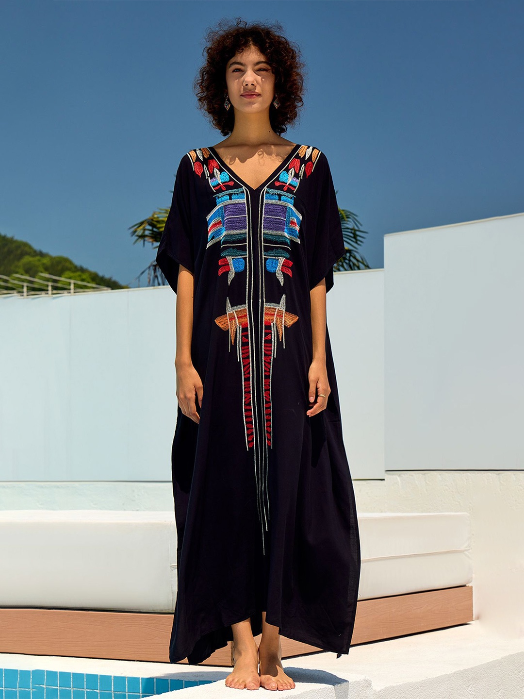 

LULU & SKY V-Neck Embroidery Kaftan Dress, Black