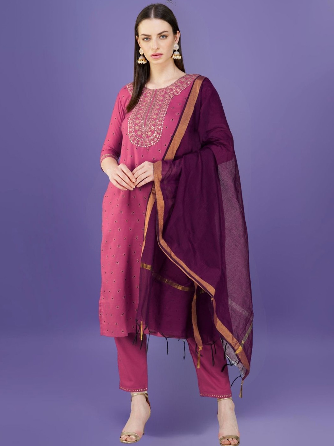 

KAZIA Paisley Printed Thread Work Straight Kurta with Trousers & Dupatta, Magenta