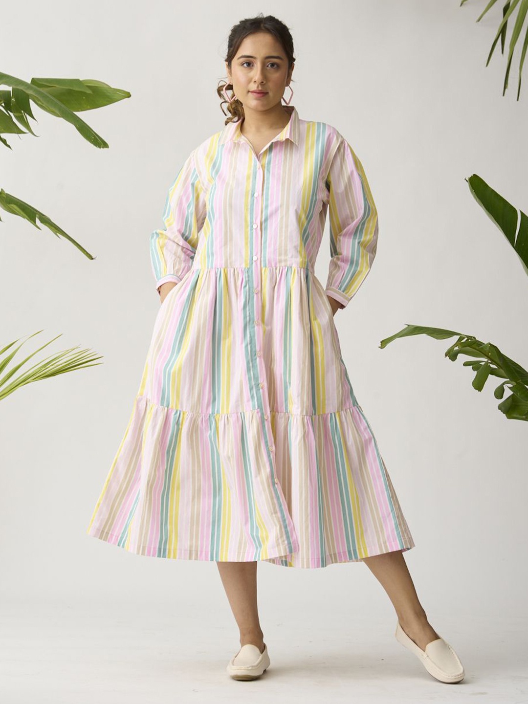 

Risate Striped Cotton Shirt Midi Dress, Pink