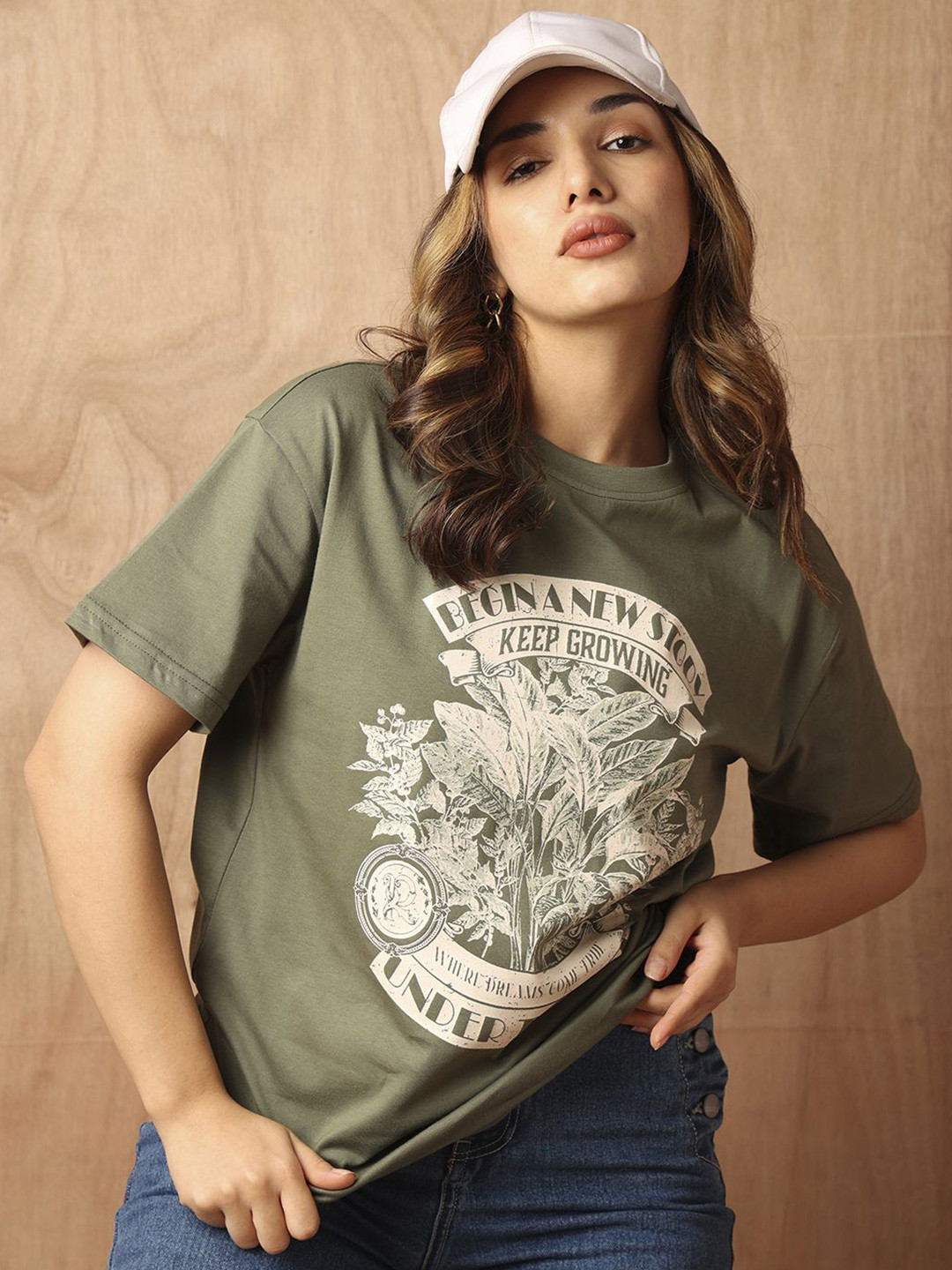 

The Roadster Lifestyle Co. Women Graphic Printed Round Neck Cotton Oversized T-Shirt, Olive