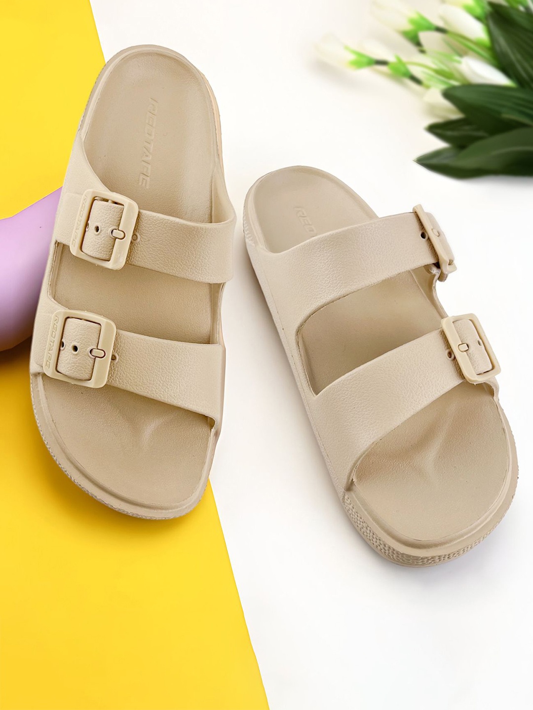 

Red Tape Women Self Design Sliders, Beige