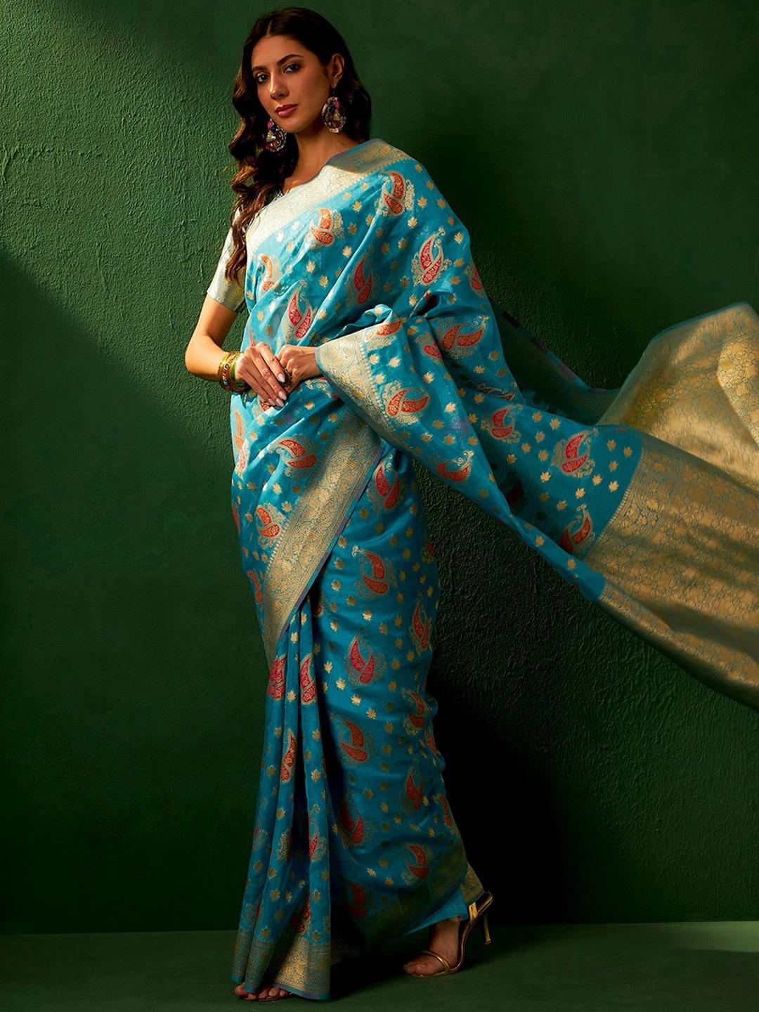 

SHADOW & SAINING Woven Design Organza Banarasi Saree, Teal