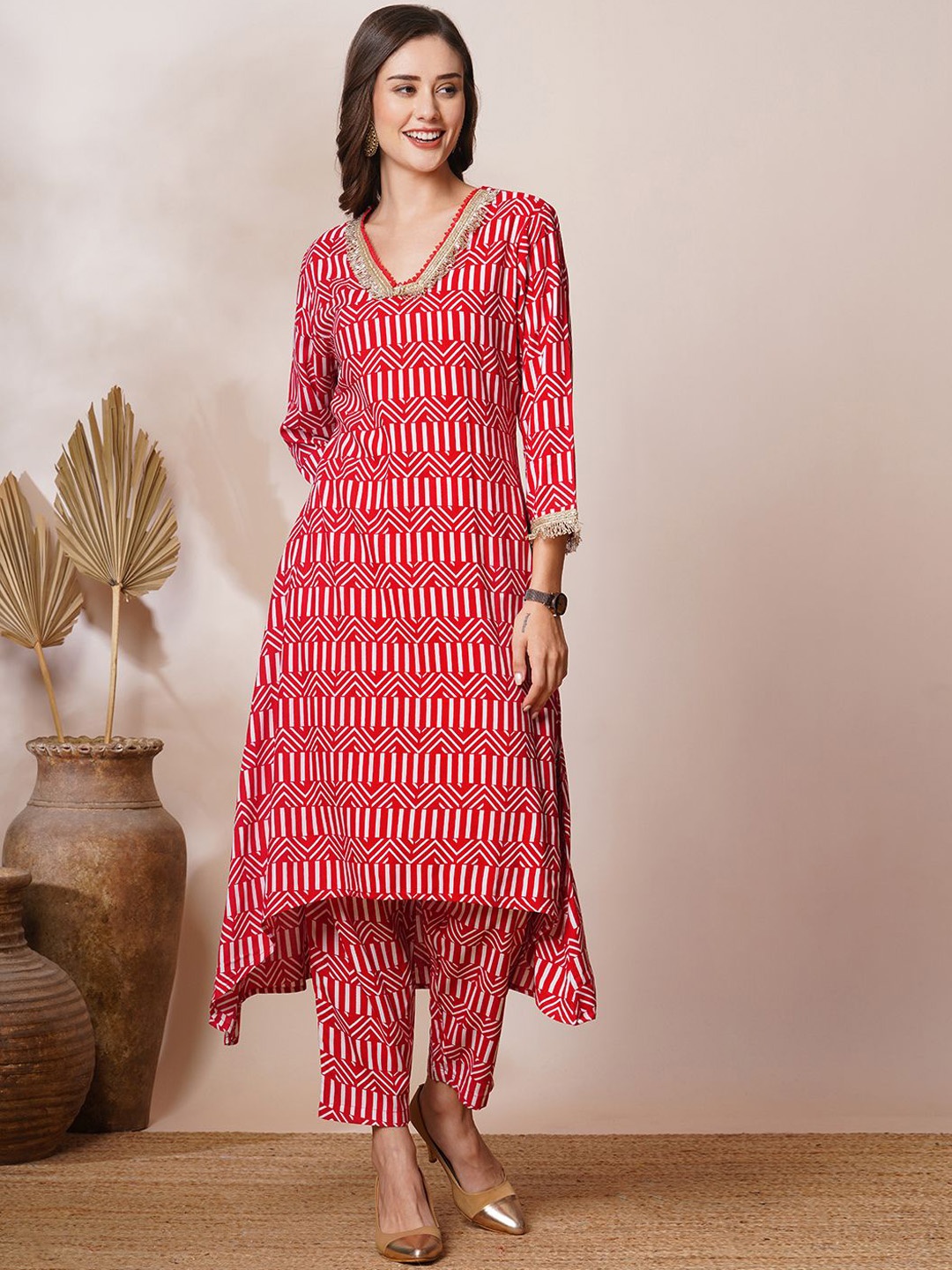 

FASHOR Printed Tunic With Trouser, Red