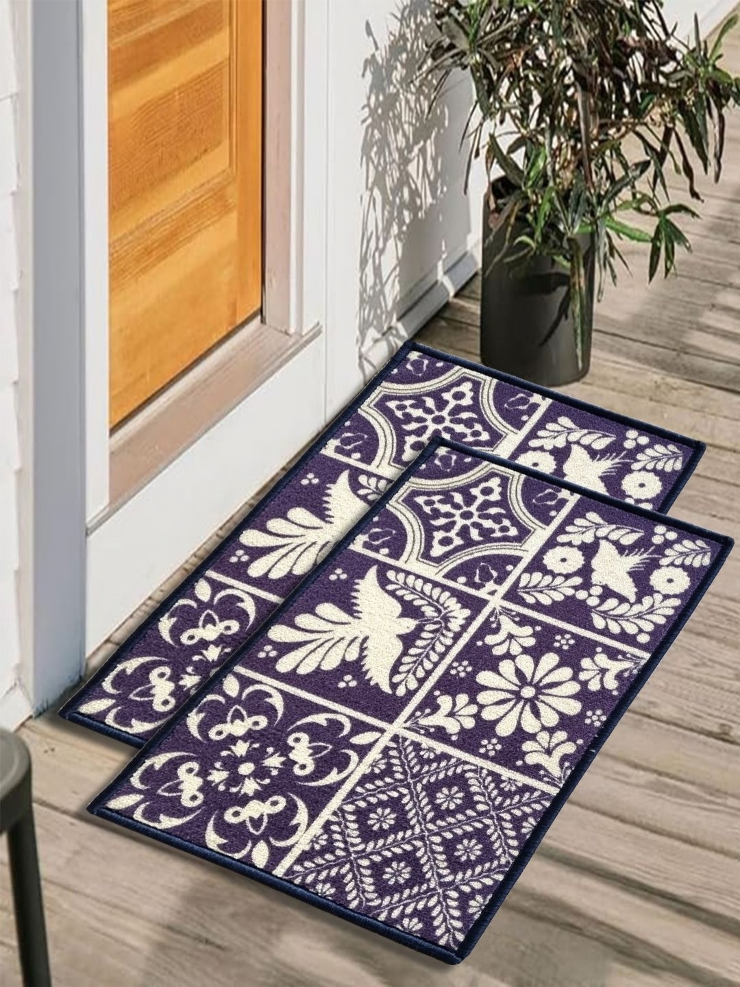 

Matz and More 2 Pieces Navy Blue & White Ethnic Motifs Printed Anti Skid Doormats
