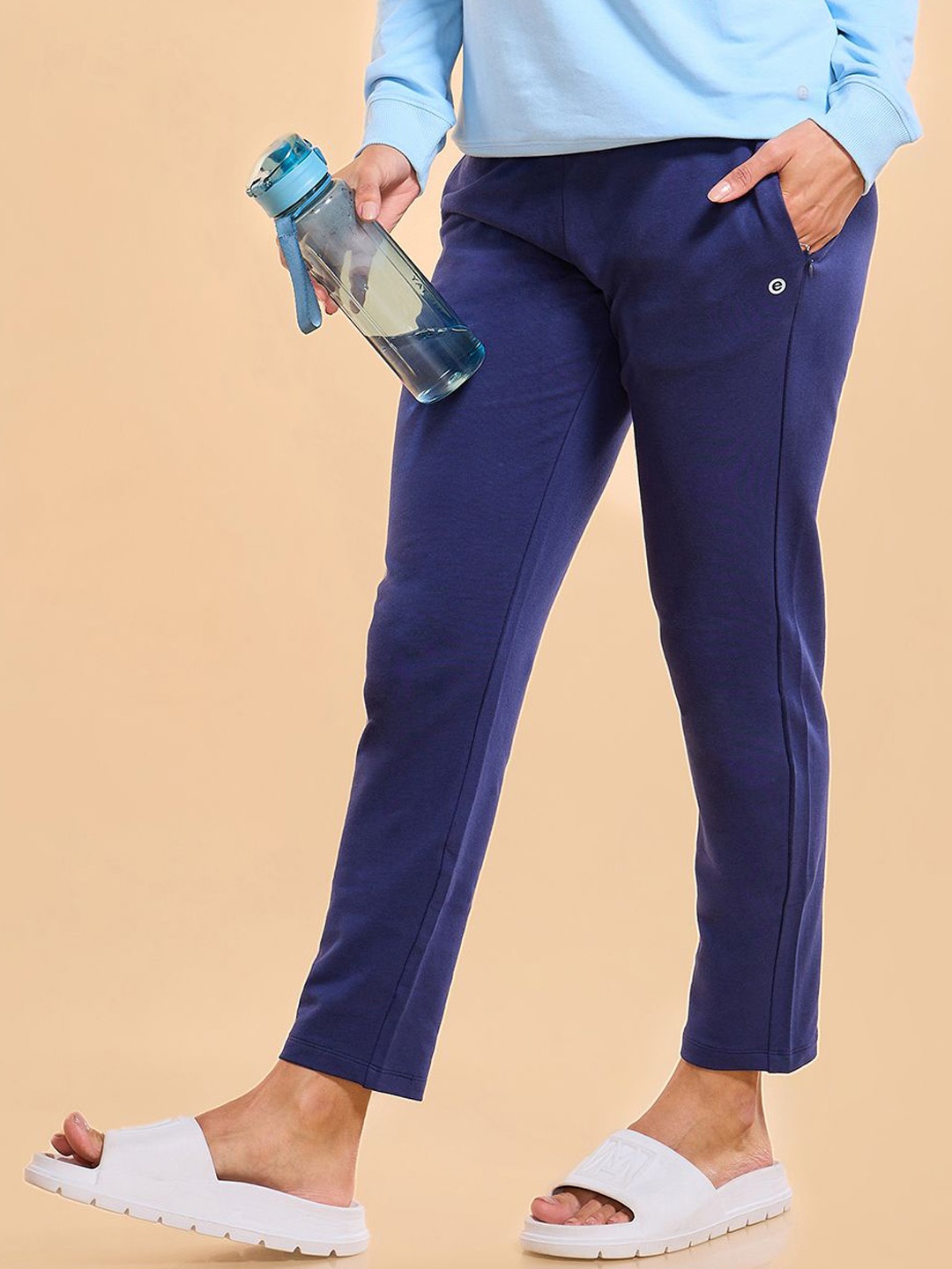 

Enamor Essentials E060-Slim Fit Mid Rise French Terry Ankle-Length Lounge Pants, Blue