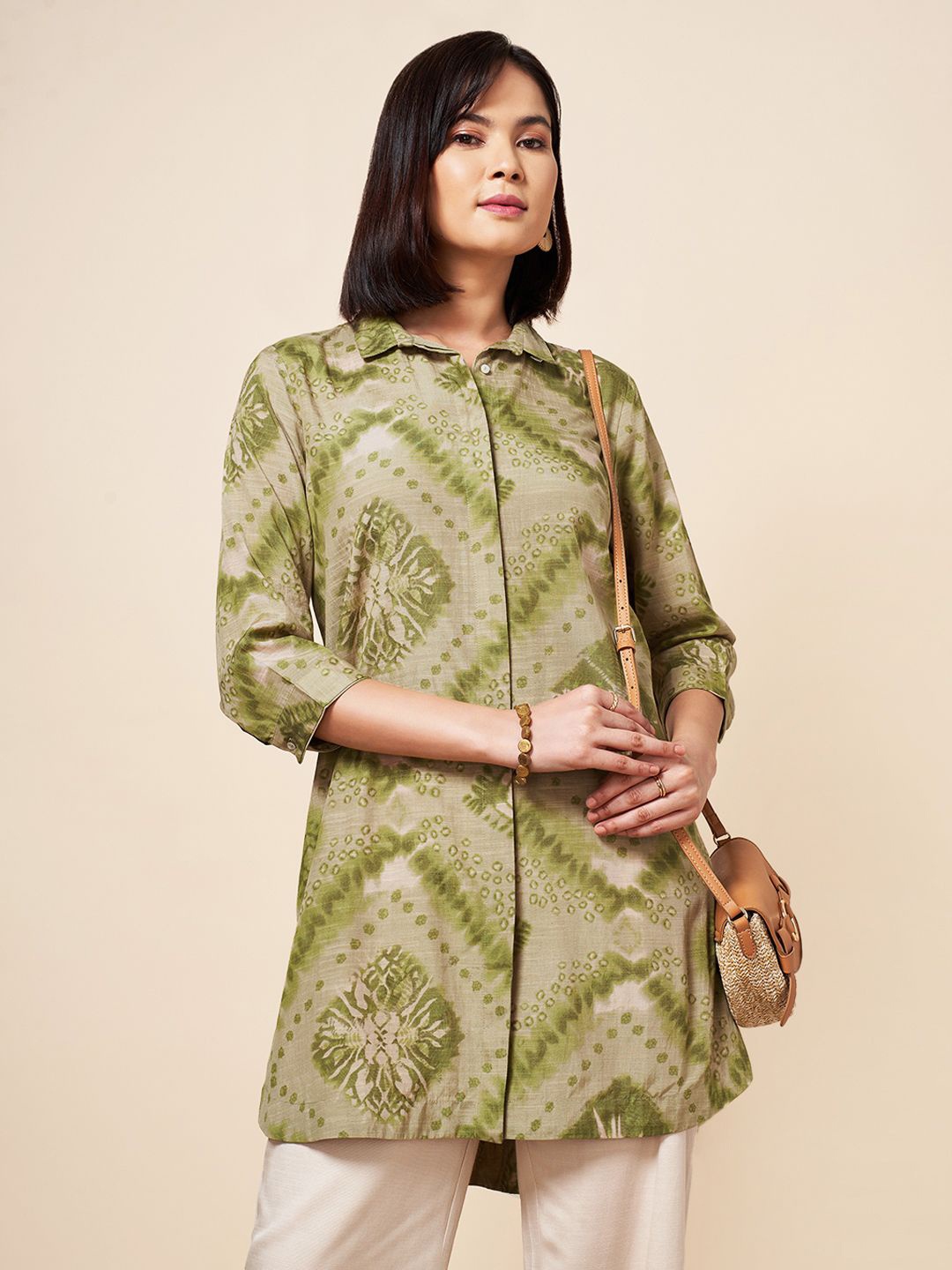 

Marigold Lane Shirt Collar Printed Tunic, Green