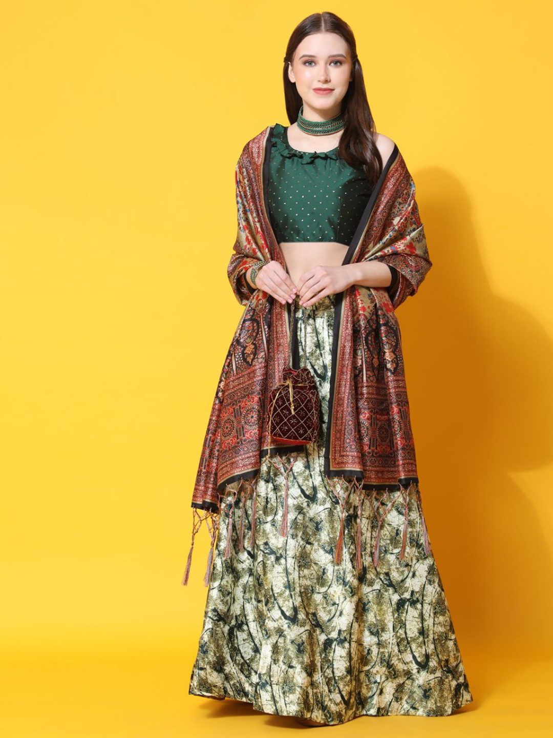 

Kaizen TEXO FAB Printed Satin Semi-Stitched Lehenga & Unstitched Blouse With Dupatta, Green