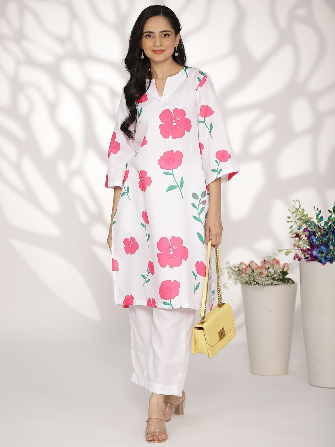 

LetsDressUp Floral Printed V-Neck Cotton Straight Kurta, White