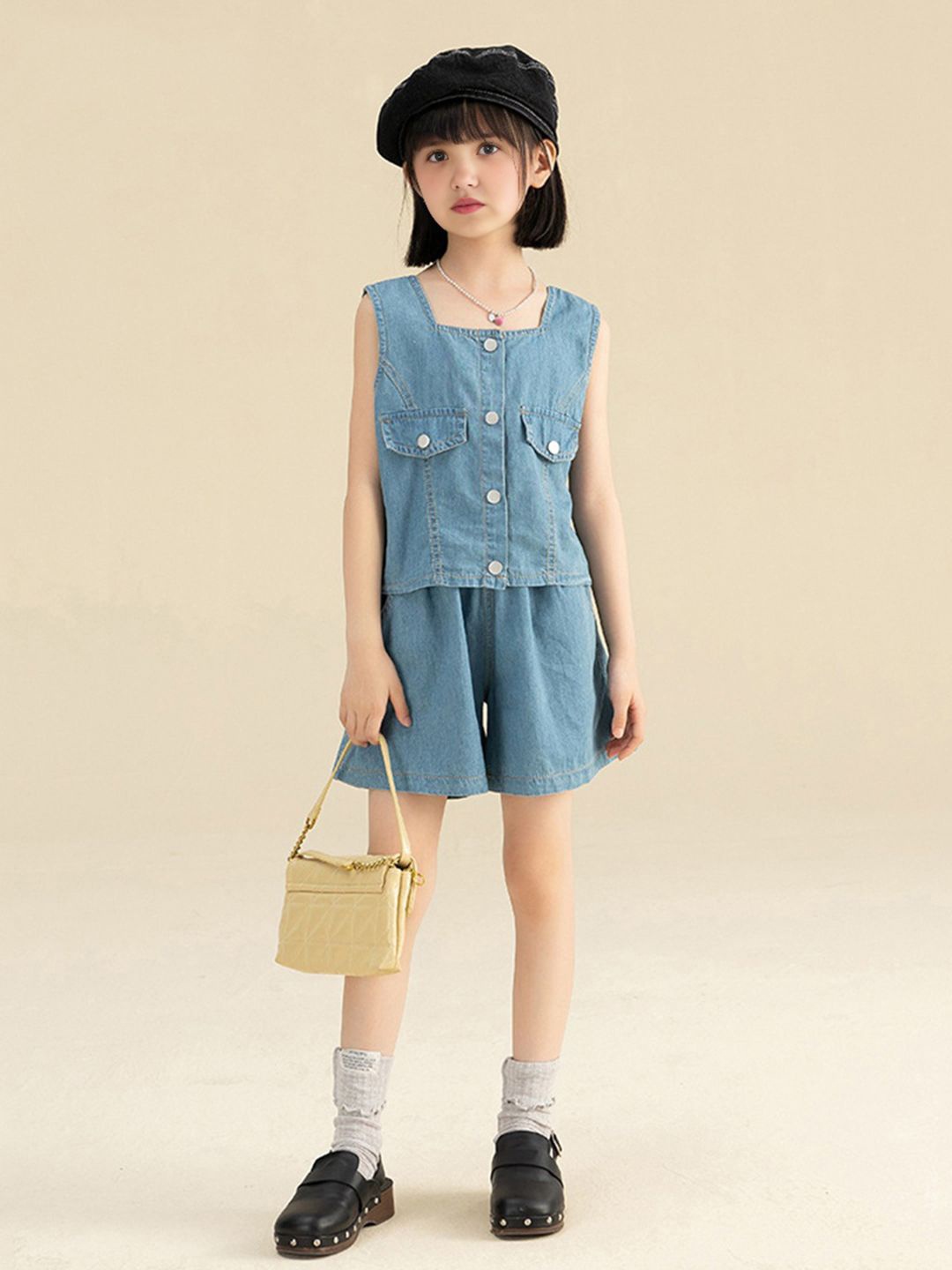 

INCLUD Girls Top with Flared Denim Shorts, Blue