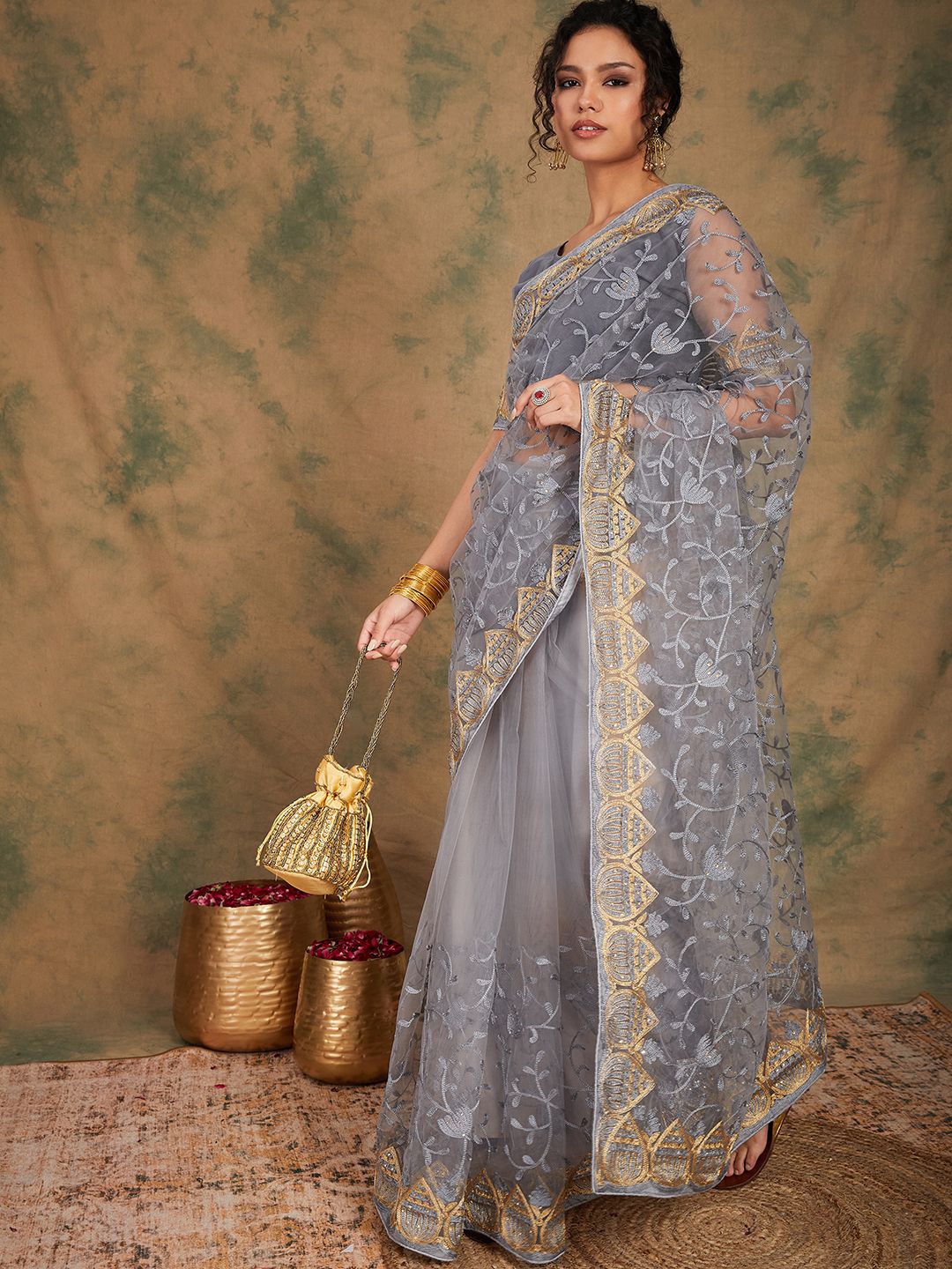 

SHADOW & SAINING Embellished Embroidered Net Saree, Grey