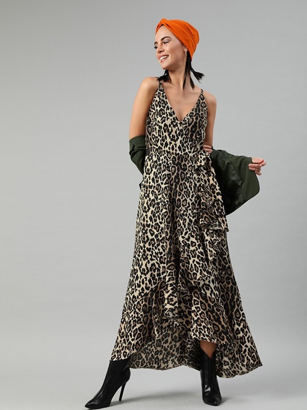 

Sera Animal Printed Sleeveless Belted Wrap Maxi Dress, Beige