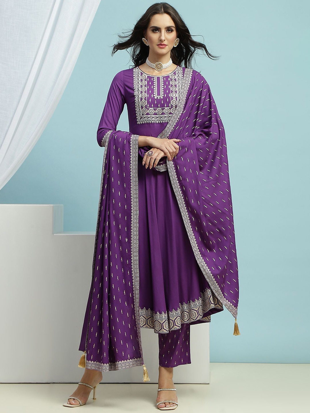 

Khushal K Women Ethnic Motifs Embroidered Regular Kurta with Palazzos & With Dupatta, Purple