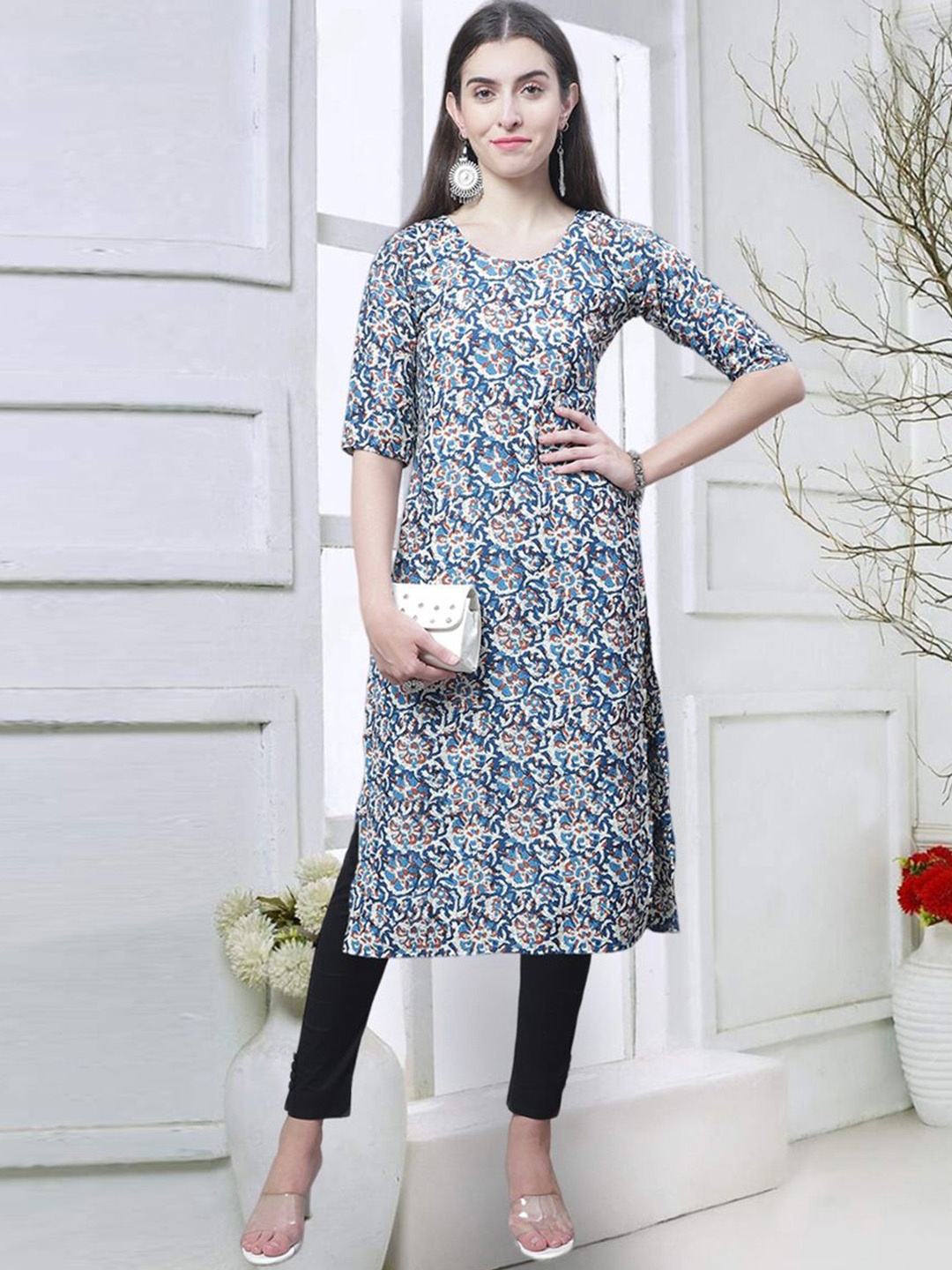 

7Threads Floral Printed Round Neck Straight Kurta, Blue