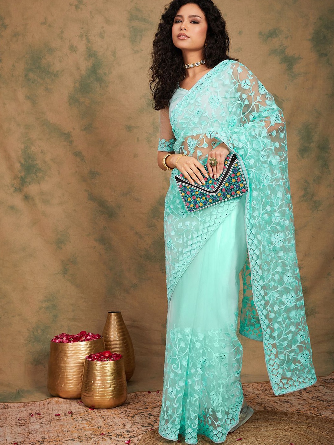 

SHADOW & SAINING Floral Beads and Stones Net Saree, Sea green