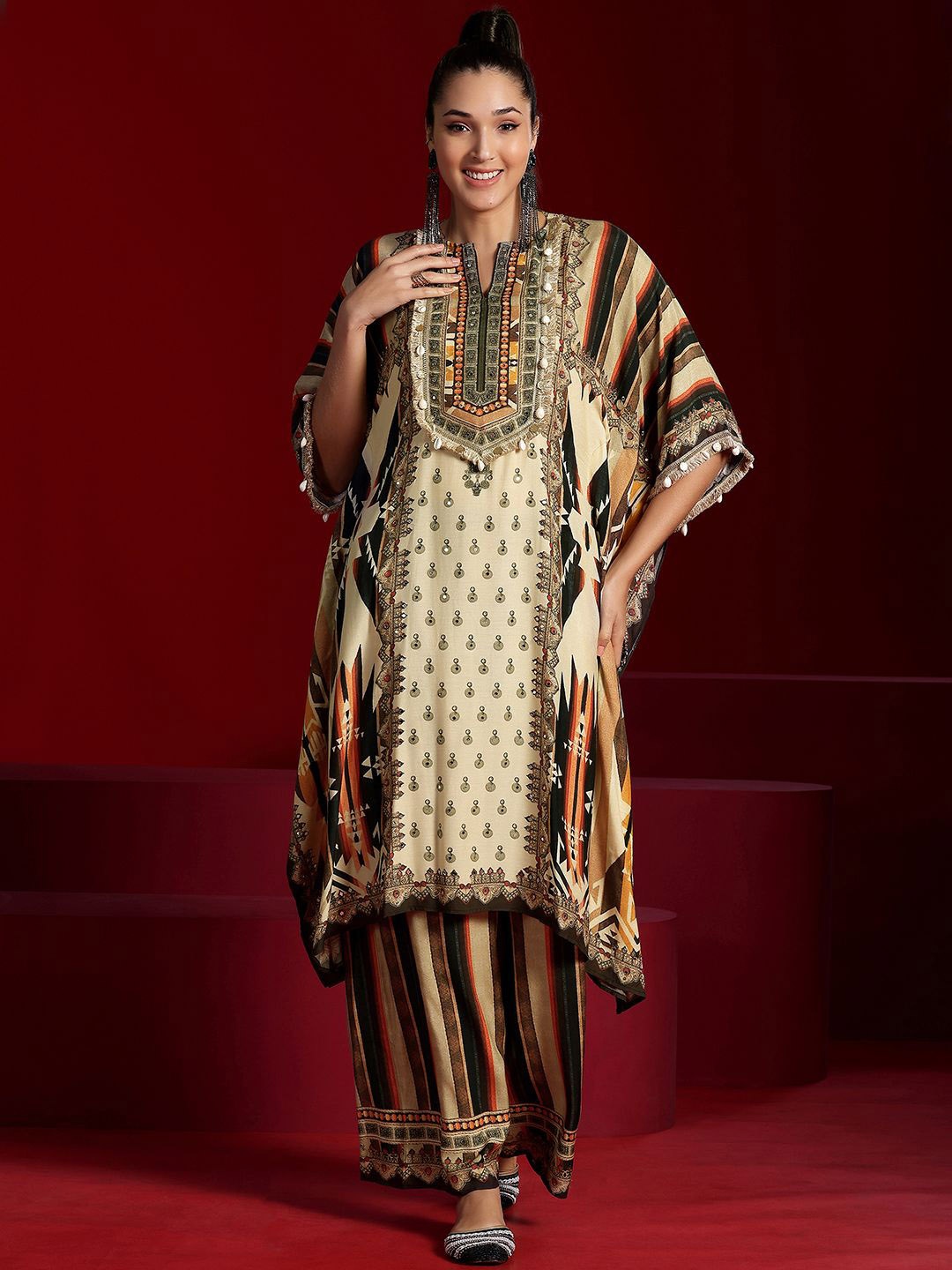 

Libas Art Ethnic Motifs Printed Round Neck Kaftan With Palazzo, Beige