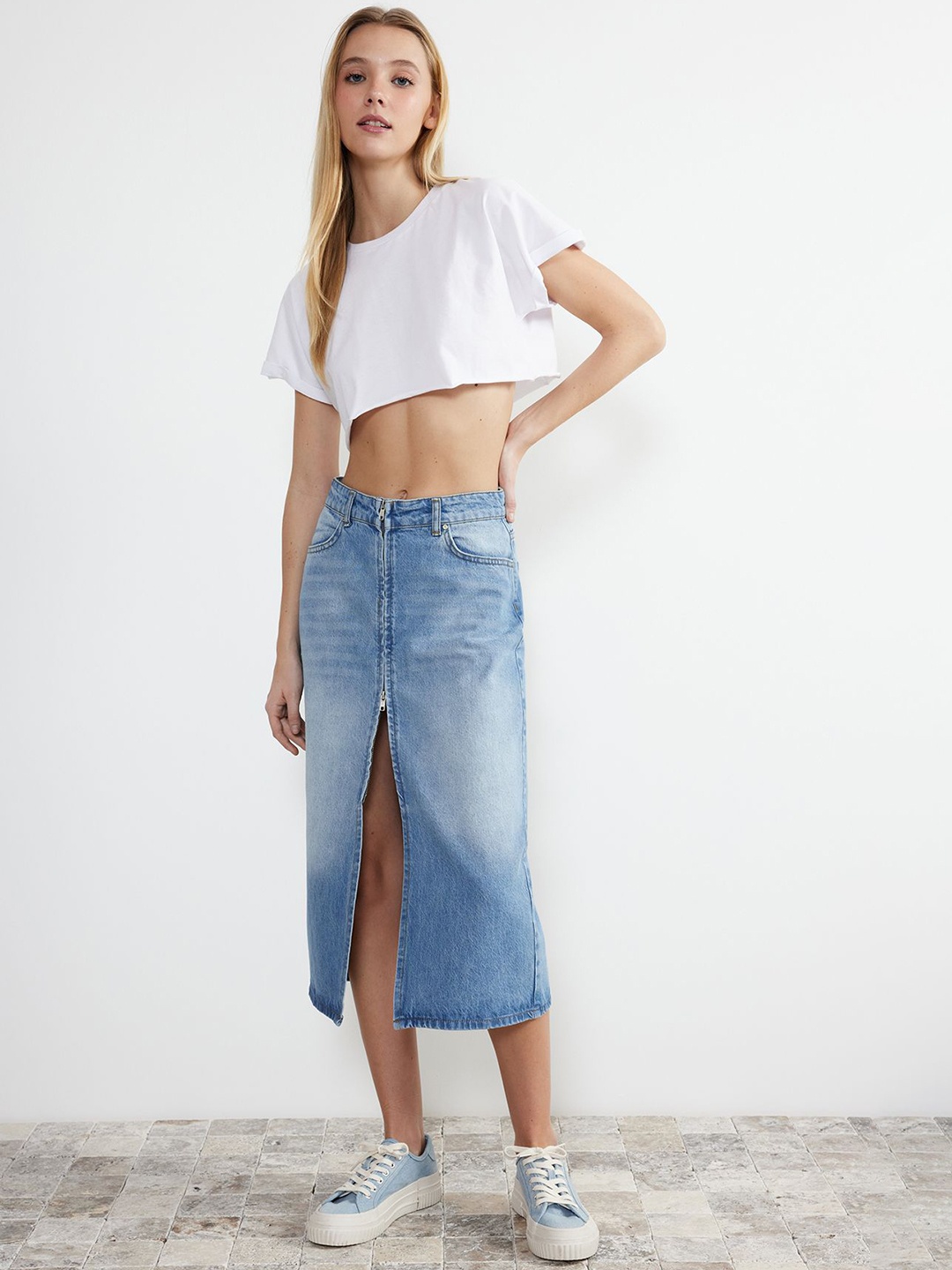 

Trendyol Cotton Knee- Length Pencil Skirt, Blue