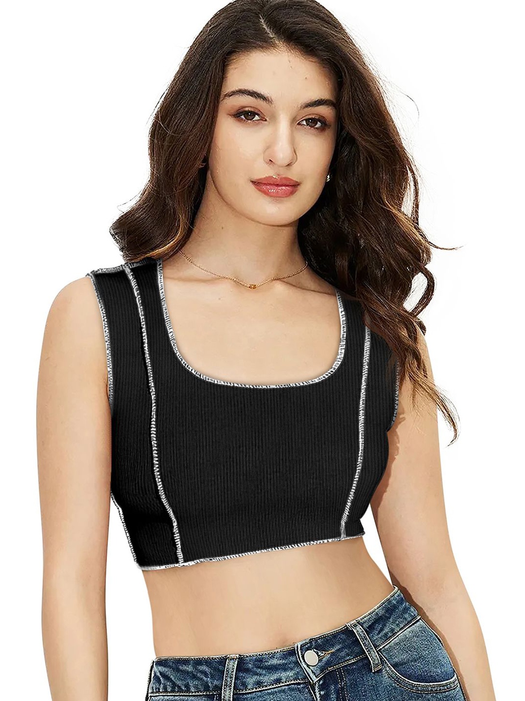 

Sitanjali Women Solid Knits Scoop Neck Cotton Top, Black