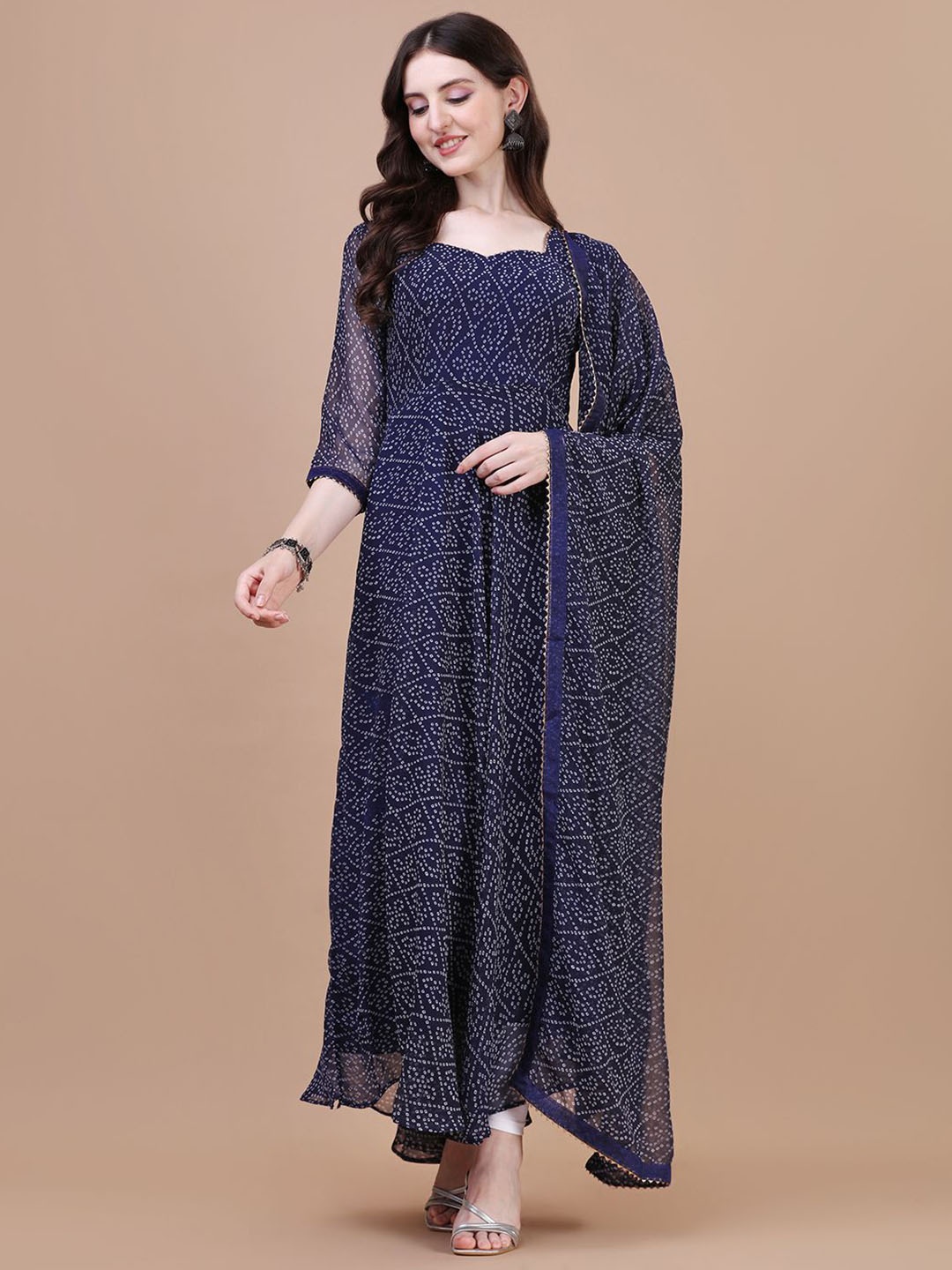 

PMD Fashion Bandhani Printed Sweetheart Neck Anarkali Kurta with Dupatta, Navy blue