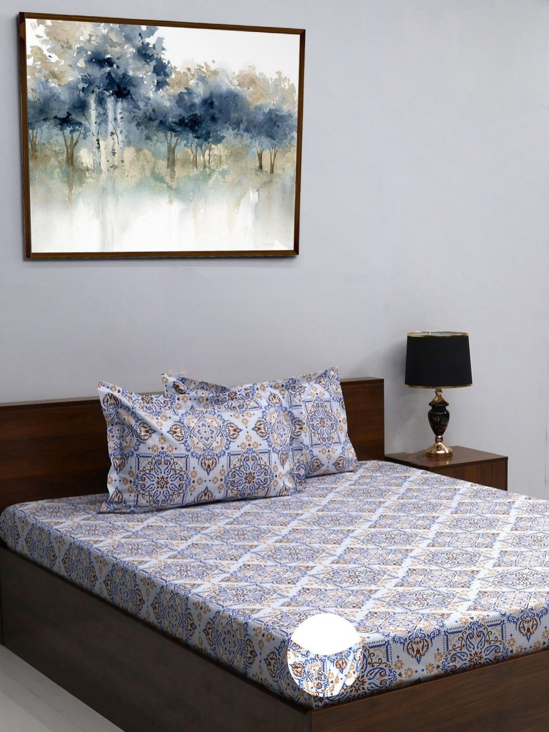 

BOMBAY DYEING Allure Grey & Blue Printed 144 TC Pure Cotton Fitted King Bedsheet Set