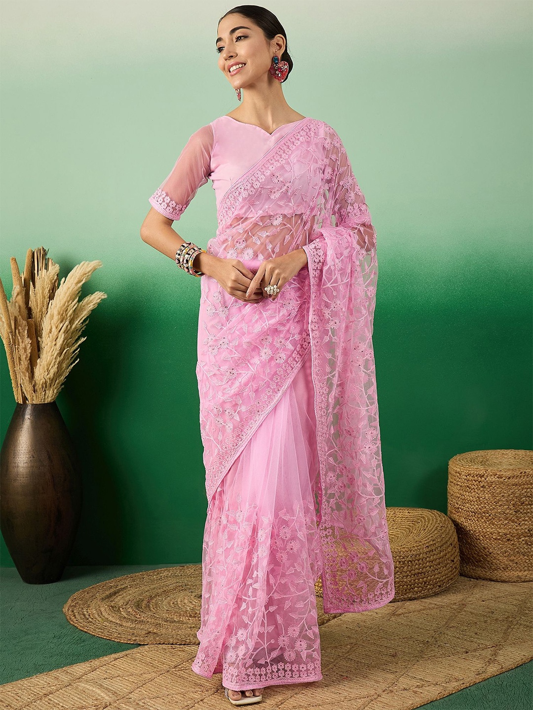 

SHADOW & SAINING Floral Beads and Stones Net Saree, Pink