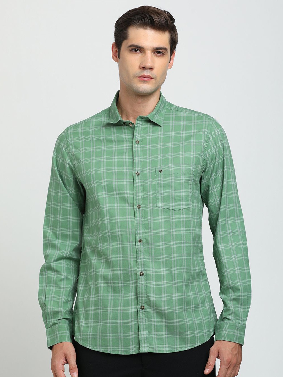 

Turtle Men Relaxed Spread Collar Tartan Checked Cotton Slim Fit Casual Shirt, Green