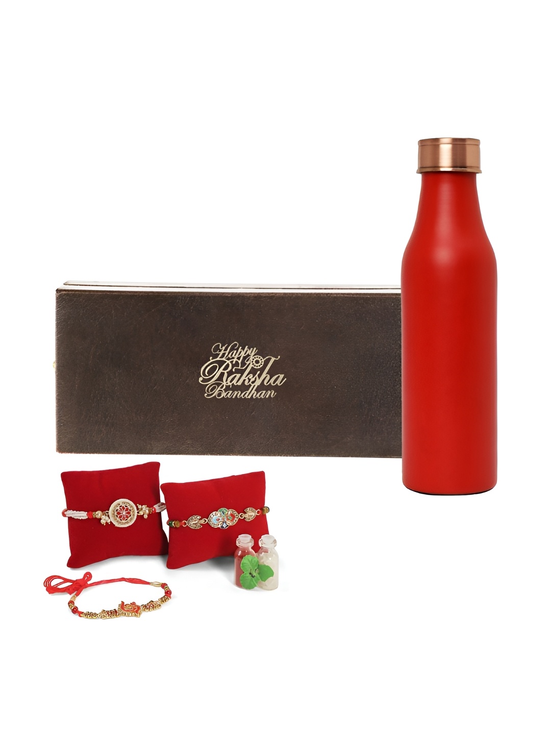 

INTERNATIONAL GIFT Set Of 4 Beaded Rakhis With Water Bottle & Roli Chawal, Red