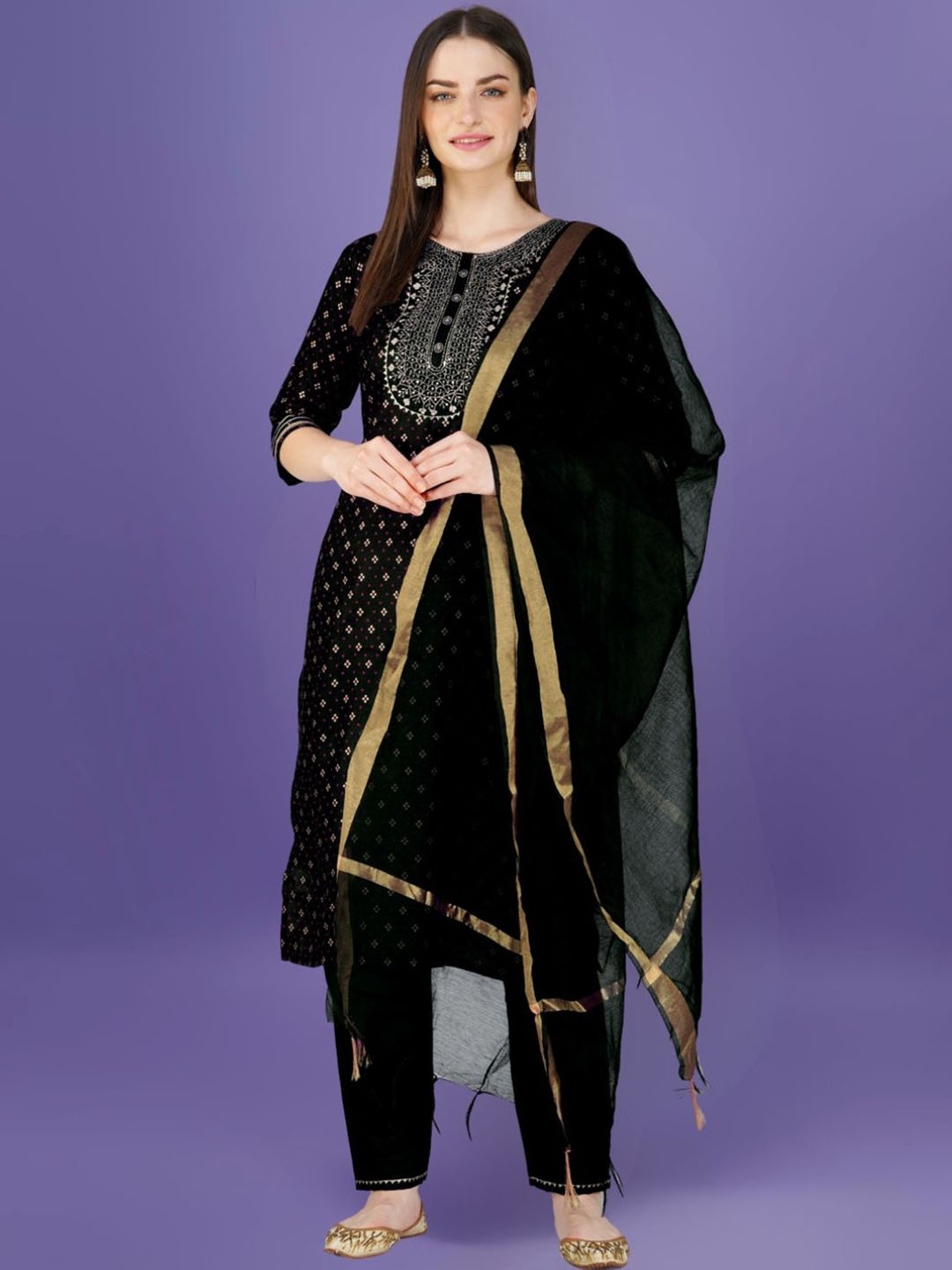 

KAZIA Floral Printed Thread Work Straight Kurta with Trousers & Dupatta, Black