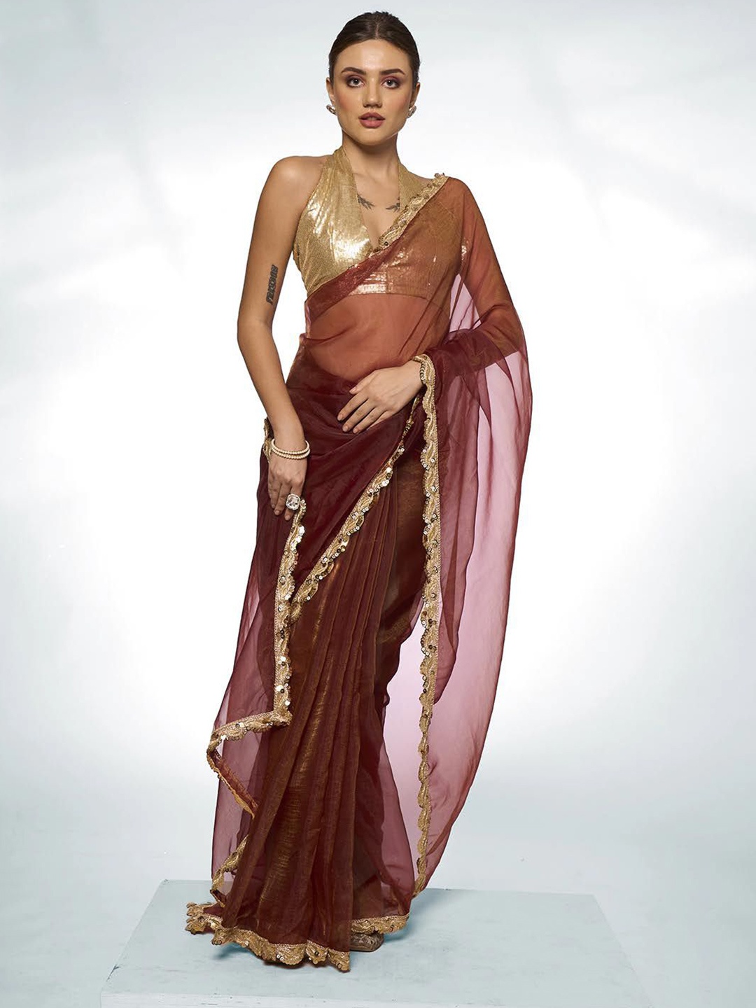 

Mitera Sequinned Organza Saree, Metallic