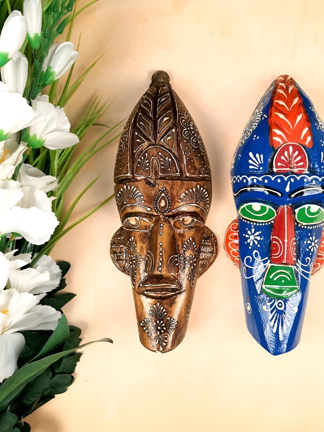 

apka mart Brown & Navy Blue 2 Pieces Printed Wood Wall Tribal Mask Hangings