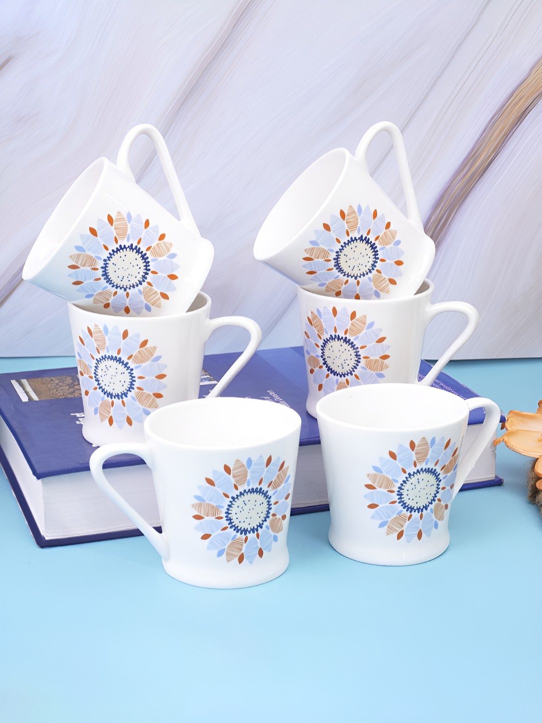 

UPC White & Blue 6 Pieces Printed Ceramic Glossy Cups 220 ml