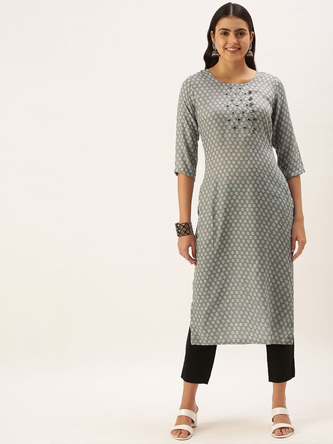 

KALINI Floral Printed Sequinned Straight Kurta, Grey