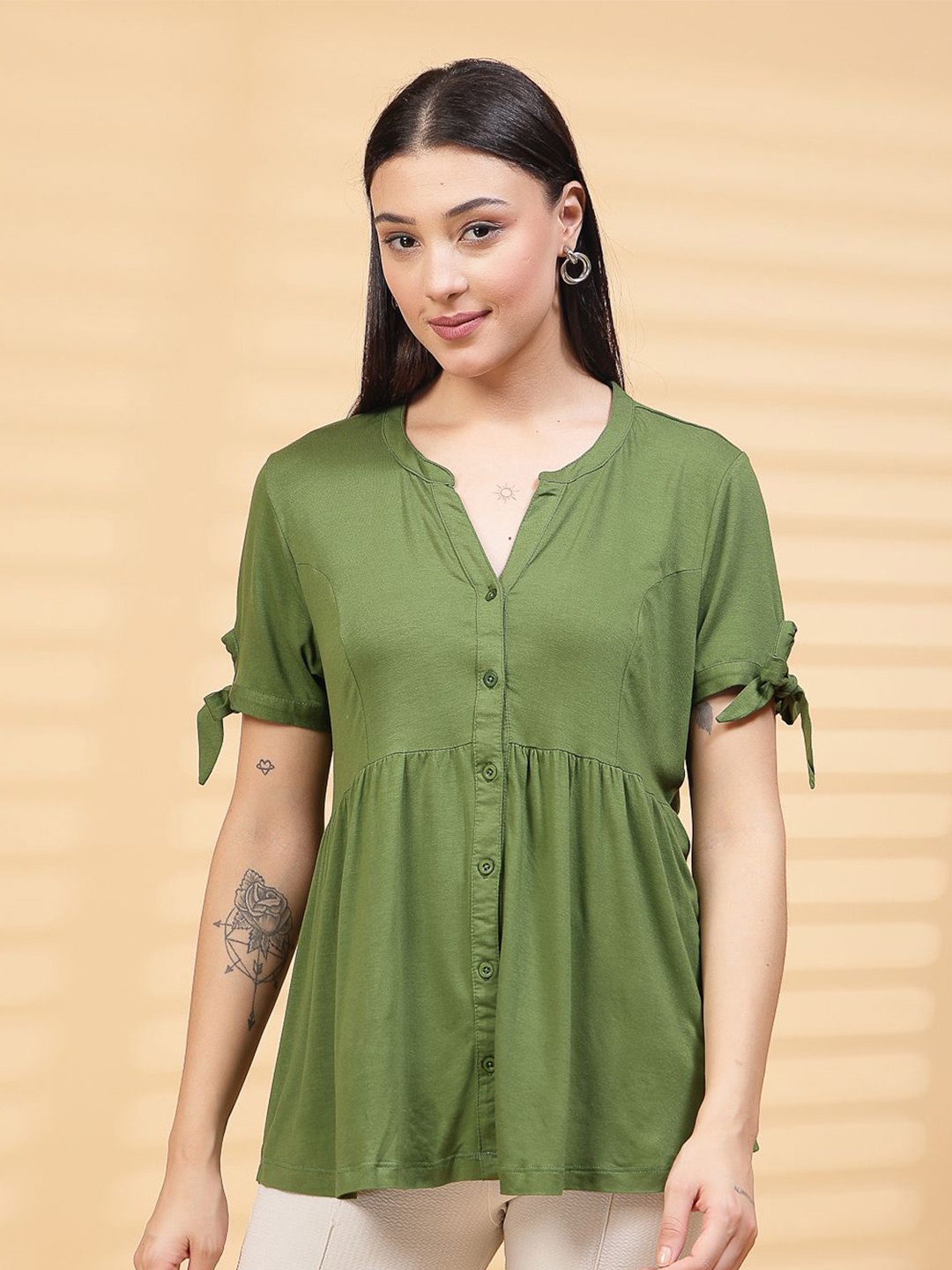 

House Of Zelena Women Solid Round Neck Maternity Top, Olive