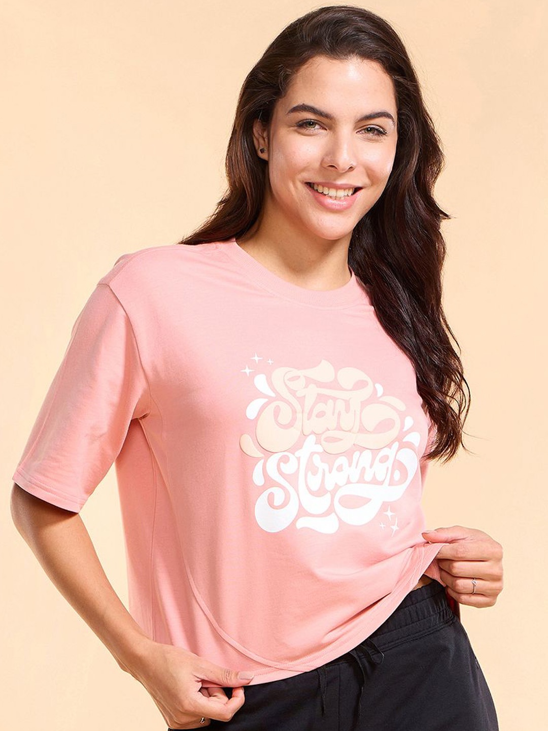 

Enamor Graphic Boxy Cotton Terry T Shirt-E3G4, Peach