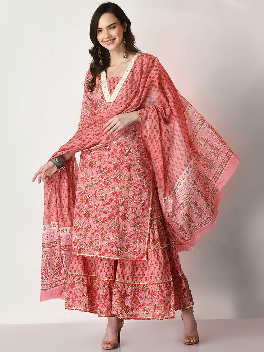 

KALINI Floral Printed V-Neck Gotta Patti Pure Cotton Straight Kurta With Sharara & Dupatta, Pink