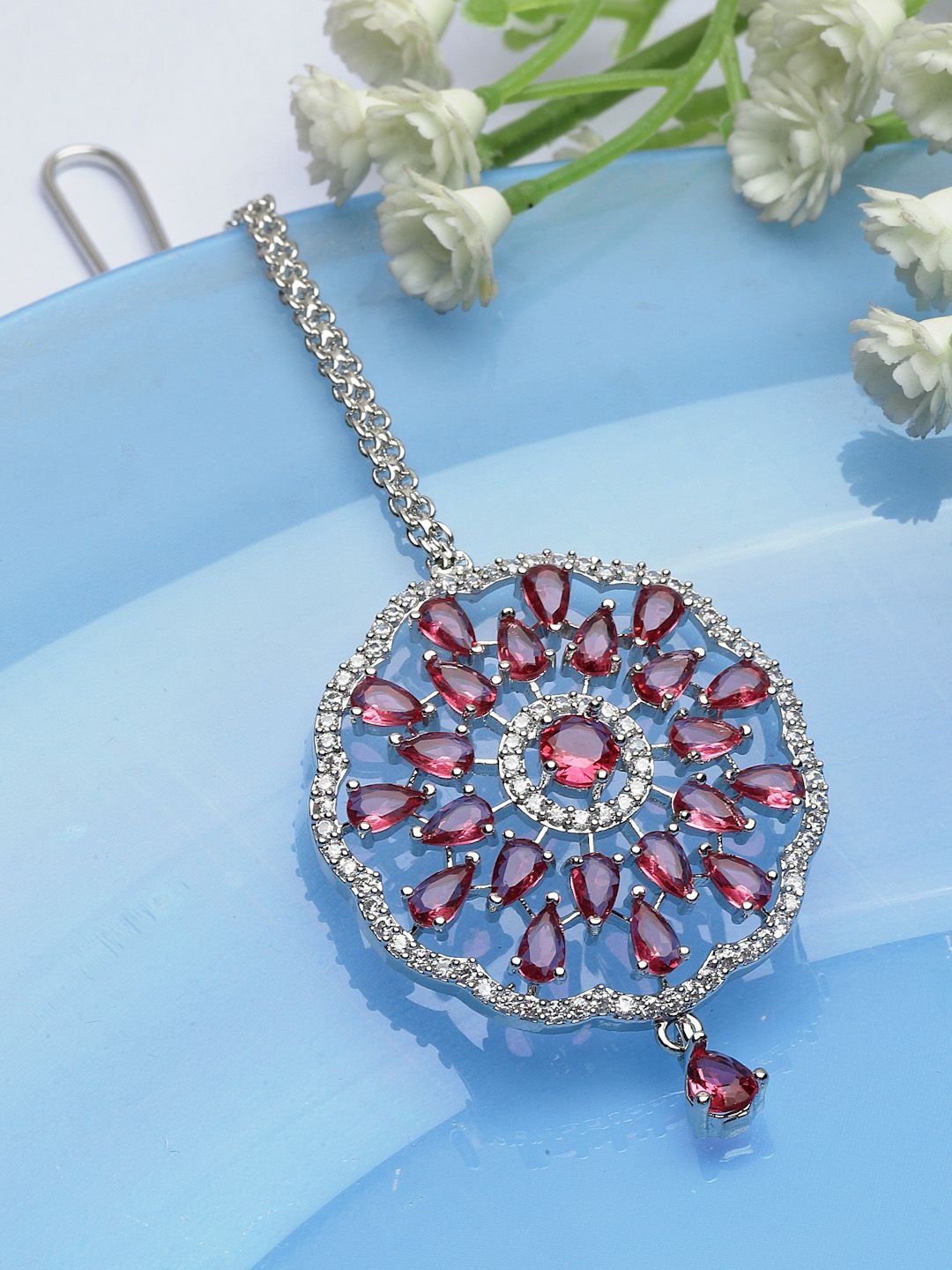 

ZENEME Rhodium-Plated American Diamond Studded Maang Tikka, Silver