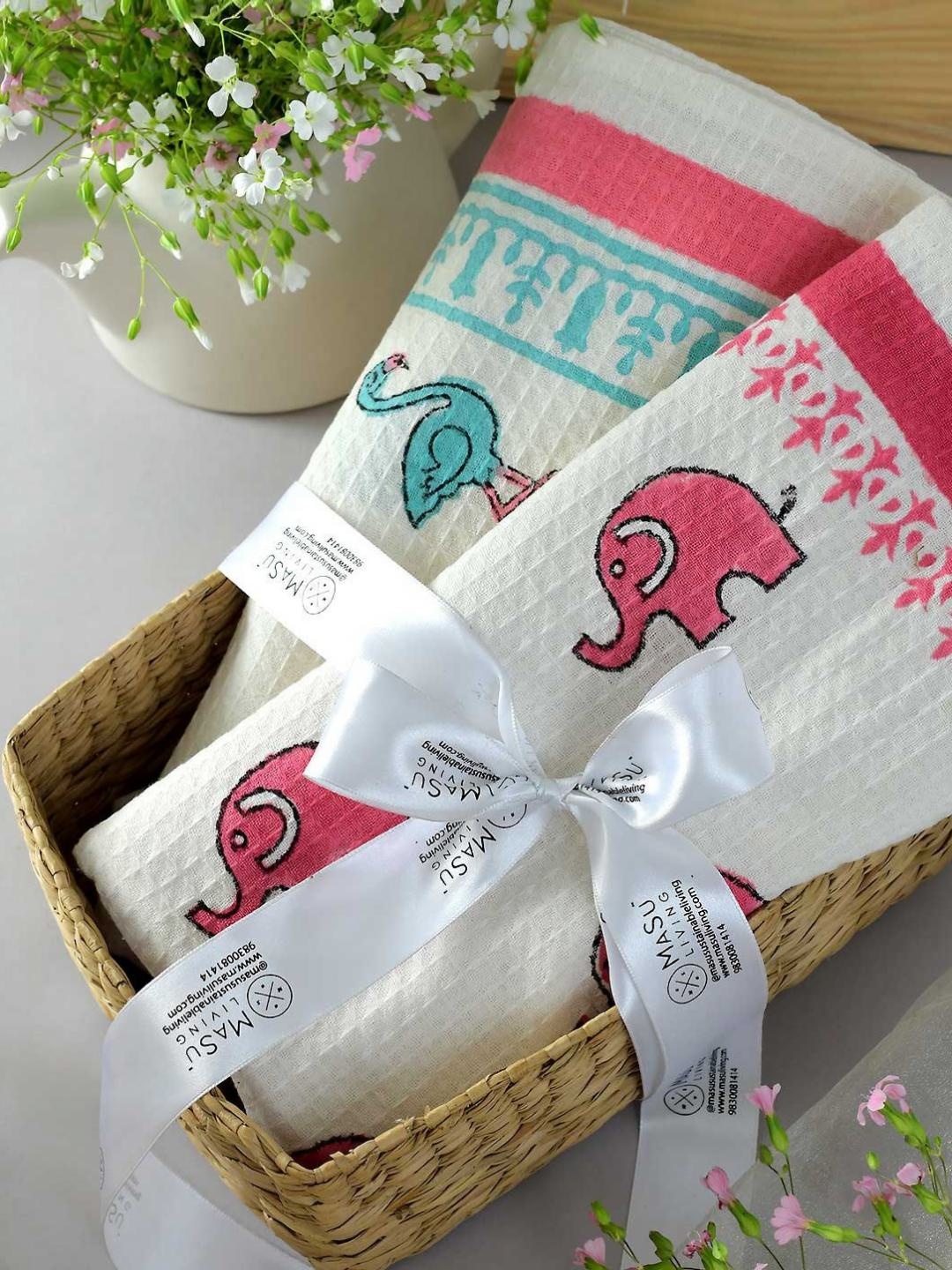 

MASU LIVING White & Pink 2 Pieces Elephant Printed Cotton 380 GSM Bath Towels