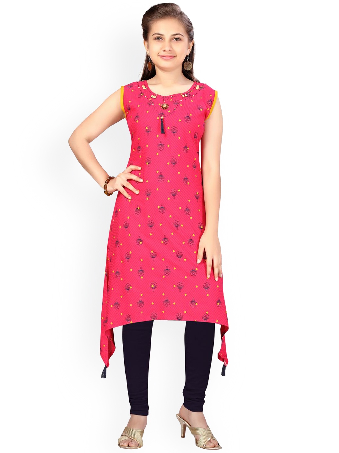 

BAESD Girls Floral Printed Round Neck Sleeveless Cotton High-Low Straight Kurta, Pink