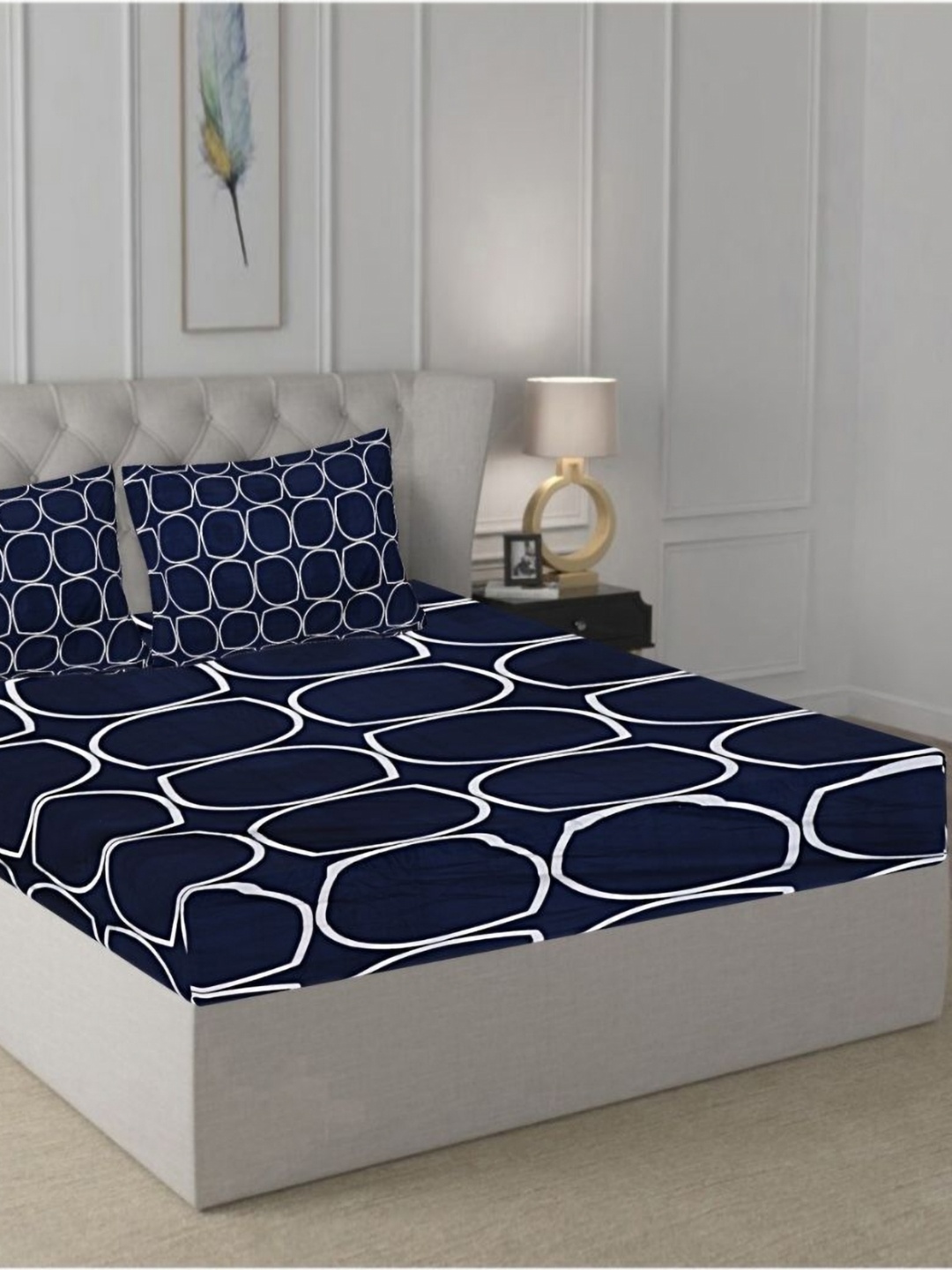 

INDHOME LIFE Blue & White Geometric 210 TC King Bedsheet with 2 Pillow Covers