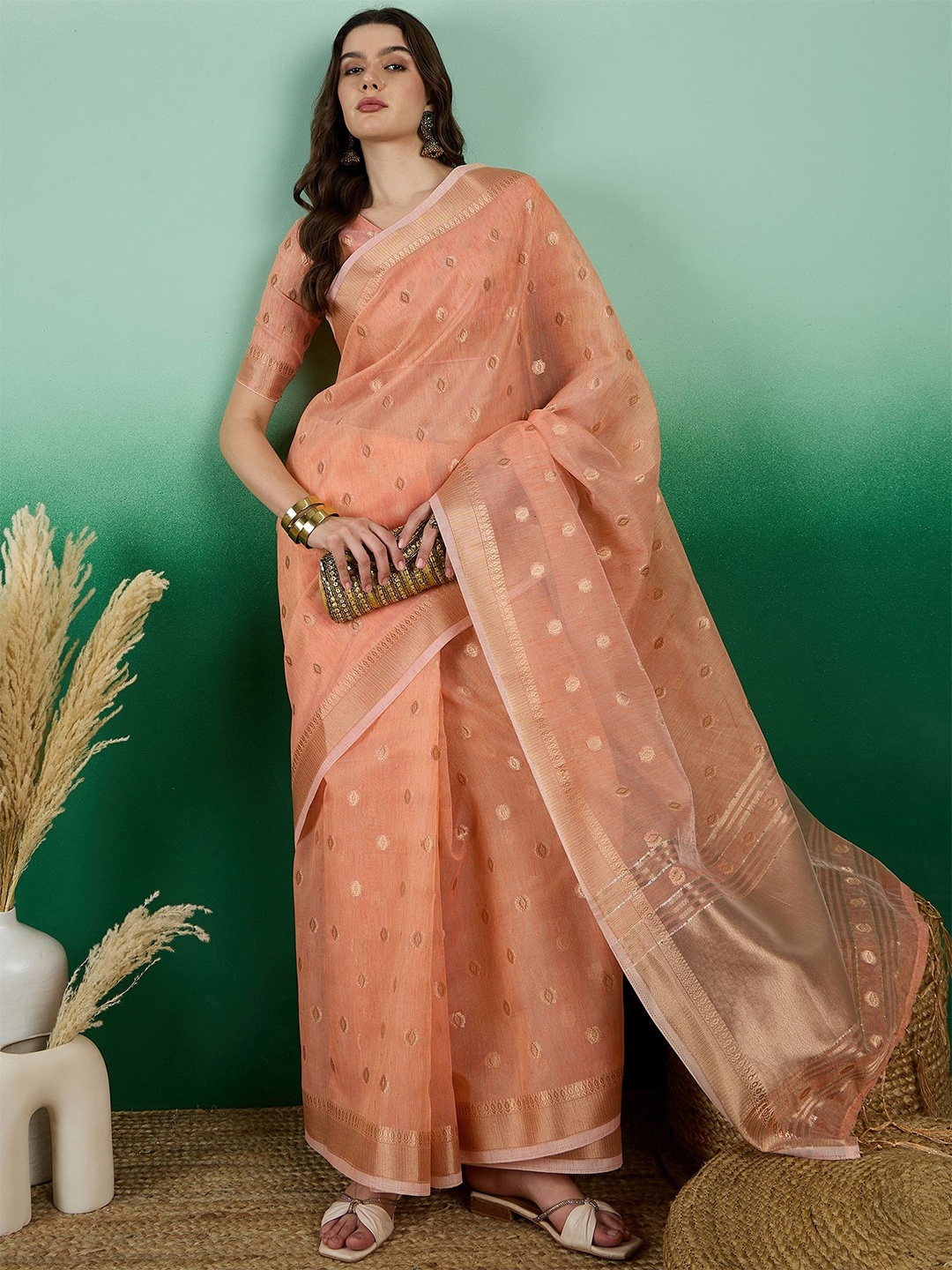 

SHADOW & SAINING Woven Design Zari Organza Banarasi Saree, Orange