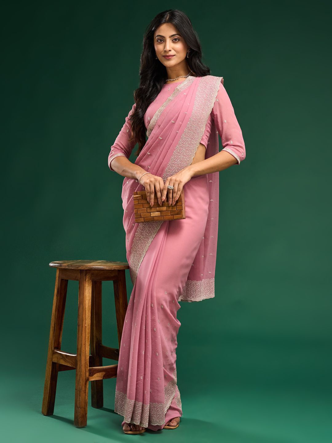 

kasee Floral Embroidered Pure Georgette Saree, Pink