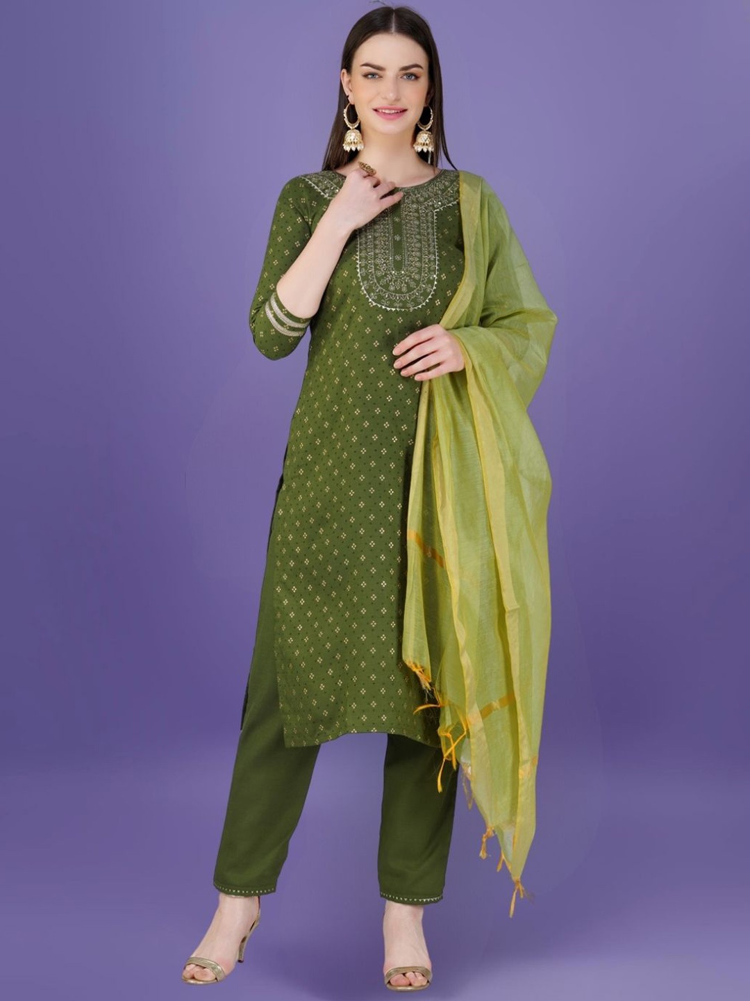 

KAZIA Floral Printed Thread Work Straight Kurta with Trousers & Dupatta, Green